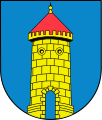 Gemauerter goldener Rundturm mit rotem Spitzdach und offenem Tor im Wappen von Dohna