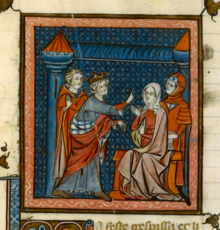 A young crowned man talks with a woman who sits on a throne.