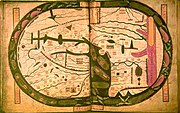 The world map from the Saint-Sever Beatus measuring 37 X 57 cm. This was painted c. 1050 as an illustration to Beatus' work at the Abbey of Saint-Sever in Aquitaine, on the order of Gregori de Montaner, Abbot from 1028 to 1072