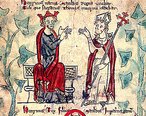 King Henry (left) is crowned and dressed in red; he is talking to Thomas Becket (right), who dressed in the regalia of a bishop.