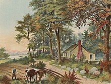 Color drawing of Grant's birthplace, a simple one-story structure, with fence and trees in front, next to the Ohio River with steamboat passing by