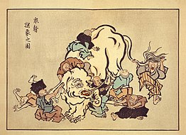 Buddhist parable of the blind monks examining an elephant; illustrated by Itchō Hanabusa. (1888 Ukiyo-e woodcut)