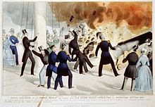 Historical illustration of the Princeton cannon explosion, with dozens of guests aboard. Caption reads "Awful explosion of the Peace-Maker on board the U.S. steam frigate Princeton".