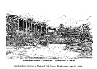 Black and white illustration showing the grandstand with a row of supporting columns, raised on an earthen embankment above a curved section of the track. In the background is the clubhouse, with striped awnings.