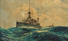 Painting of a warship at sea