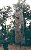 Two Scouts climb an outdoor climbing wall at Haliburton Scout Reserve, Ontario, Canada