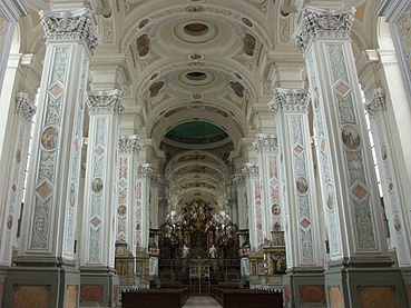 The Baroque Schöntal Abbey at Schöntal, Germany, is a hall church with nave and aisles rising to about the same height.