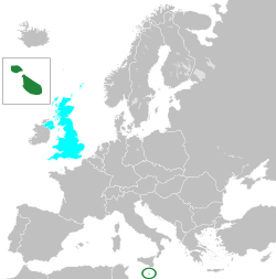 Europe during the Cold War, Malta in dark green, United Kingdom in cyan