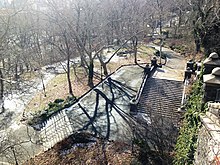 View from a cliff of trees, stairs and pathways in the park