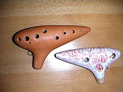Front and back view of transverse ocarinas. The double holes on front indicate a fingering system developed in 20th-century Japan.