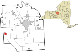 Skaneateles village's location in Onondaga County and the county's location in the state of New York, both highlighted in red; other incorporated areas of the county highlighted in gray