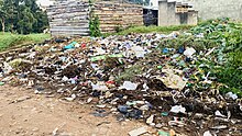 Polythene bags and other plastic waste dumped openly in Kyarushozi town in Kyenjojo District in Uganda