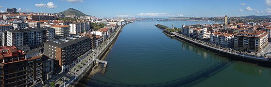 Looking north, from the bridge, Portugalete to the left, the Estuary of Bilbao, and Las Arenas.