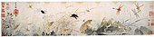 Early Autumn; by Qian Xuan; 13th century; ink and colors on paper scroll; 26.7 × 120.7 cm; Detroit Institute of Arts. The decaying lotus leaves and dragonflies hovering over stagnant water are probably a veiled criticism of Mongol rule[34]