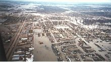 Aerial view of flood water throughout the town of Grand Forks, North Dakota
