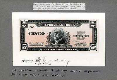 BEP progress proof for a 1936 Cuban five peso silver certificate.