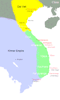 A map of the region of southeast Asia that contains the modern day states of Vietnam, Laos, and Cambodia, divided into three sections. The northern half of modern-day Vietnam, as well as some of southern China, is controlled by the Lý dynasty. South of Lý is a strip of territory along the eastern coast controlled by the Champa. The rest of the peninsula is controlled by the Khmer Empire.