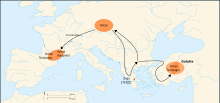 The course of Volcae migration in the 3rd centuries BC