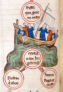 Imagining of the White Ship incident. The ship, in ocean waves, carries four figures dressed in blue and red.