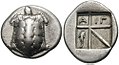 Image 5Greek drachm of Aegina. Obverse: Land turtle. Reverse: ΑΙΓ(INA) and dolphin (from History of money)