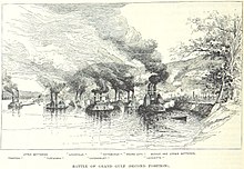 Black and white illustration of steamboats firing from a river onto the ruins of a town and the bluffs behind. Smoke rises from the ruins, the bluffs, and the smokestacks of the ships.