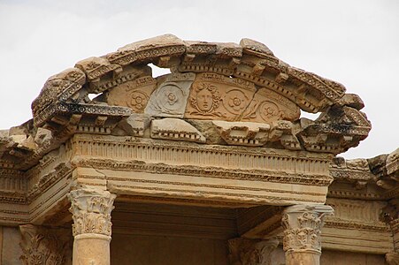 Roman mascaron with rinceaux in a segmental pediment of the Library of Celsus, Ephesus, Turkey, unknown architect, c.112–120
