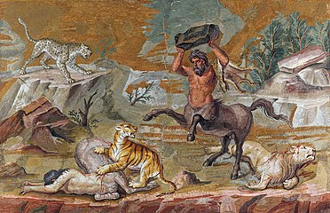 "Battle of Centaurs and Wild Beasts" mosaic was made for the dining room of Hadrian's Villa (120–130 AD). Altes Museum Berlin, Germany