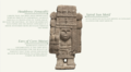 An annotation highlighting the main iconographic features of the Aztec deity, Chicomecoatl, based on the features present on the 15th–early 16th-century basalt statue from the Metropolitan Museum of Art.