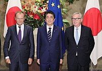Tusk meeting with European Commission President Jean-Claude Juncker and Japanese Prime Minister Shinzo Abe, July 2018
