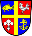 a fillet cross (or cross fillet)—Quarterly, azure and gules; 1. a fish naiant or; 2. a cock argent; 3. a fleur de lis argent; 4, an anchor fouled or; over all a fillet cross or—Port Alfred Municipality, RSA