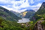 Panorama of Geirangerfjord with some cruise ships in the fjord
