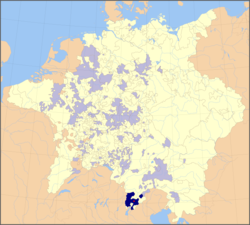 Bishopric of Trent within the Holy Roman Empire in 1648; Ecclesiastical lands shaded in pale blue