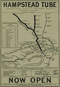A map, with a title "Hampstead Tube" and a footer heading "Now Open", shows the route and stations of the new Hampstead Tube route showing it as a thick heavy line with other Underground routes in thinner lines.