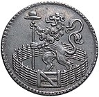 A Dutch coin of 1753 depicting the Leo Belgicus holding a liberty pole, in the Garden of Holland