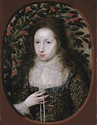 Lady Anne Pope, sister-in-law of Elizabeth Pope, 1615. Her dress is patterned with carnations, roses and strawberries; the cherries on the tree symbolise virtue.[71]