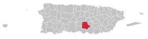 Map of Puerto Rico highlighting Coamo Municipality