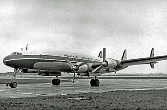 A Pakistan International Airlines Super Constellation at Heathrow Airport, 1955. The airline was one of the first airlines in Asia to operate the type