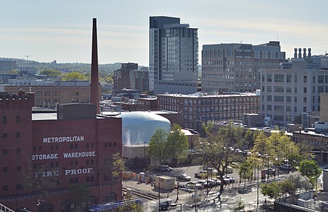 MITR, along with the Metropolitan Storage Warehouse, viewed from MIT Building 37.