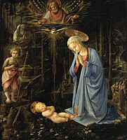 Square panel painting, devotional picture. Although in richly coloured paint, and set against a dark forest, the composition of Virgin and Child is very similar to that on the terracotta plaque.