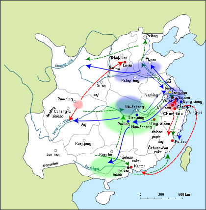 Map of China, showing regions of cultivation and trade patterns for rice and food, cotton and cotton fabrics, and silk. Significant economic centers are marked.