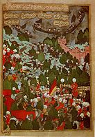 Osman Pasha and Ja'far Pasha, Ottoman governor of Shirvan, in battle against the Cossacks, from the Şehinşahname, 1597–98 (folio 130b)