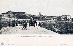Old postcard of Torremaggiore, ducal castle to the left