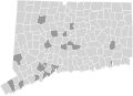 Map of the towns (light grey) and cities (dark grey) of Connecticut.