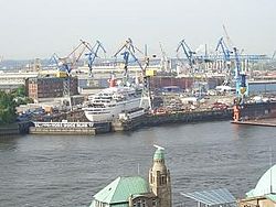 The Blohm+Voss shipyard with dry dock Elbe 17
