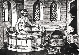 Greek philosopher Archimedes having his famous bath, the birth of the theory of displacement