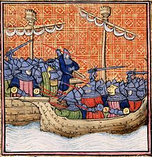 a colourful Medieval depiction of a naval battle, with men-at-arms engaging hand to hand