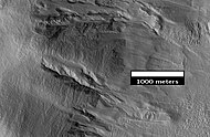 Close-up of Chincoteague crater, as seen by HiRISE. Image close-up view of previous image. Note the gullies and associated landforms.