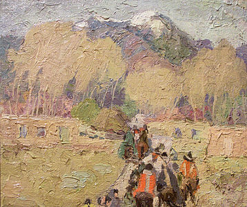 Taos Mountain, Trail Home by Cordelia Wilson (1920). A landscape entirely executed with a bold impasto technique.