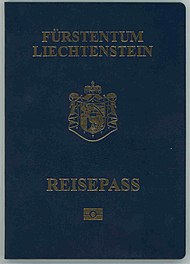 Cover of a Liechtenstein biometric passport. Cover is blue colour with a gold-coloured crest. Text reads "FÜRSTENTUM LIECHTENSTEIN" above the crest and "REISEPASS" below