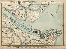 an island map showing (a) fort in the center, and Union batteries on (b) two upriver islands, (c) one on a north coastal island, and (d) eleven east on Tybee Island